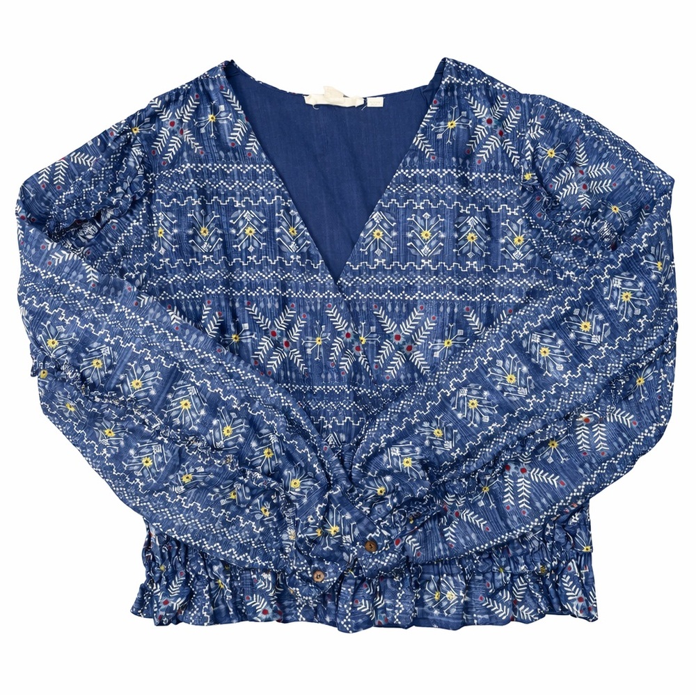 Anthropologie Forever That Girl Blue Smocked Floral Peasant Blouse Size M - Picture 4 of 9